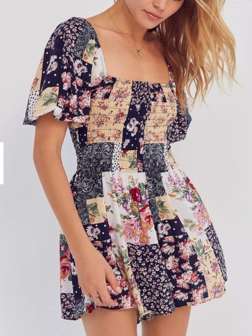 Urban Outfitters Kimchi Blue Patsy Smocked Patchwork Playsuit Romper